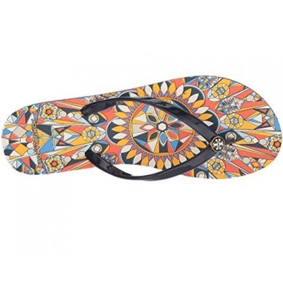 NWOB Tory Burch Flip Flop Sandal Psychedelic Geo Enamel Logo PVC Blue Thong 8 - Picture 1 of 9